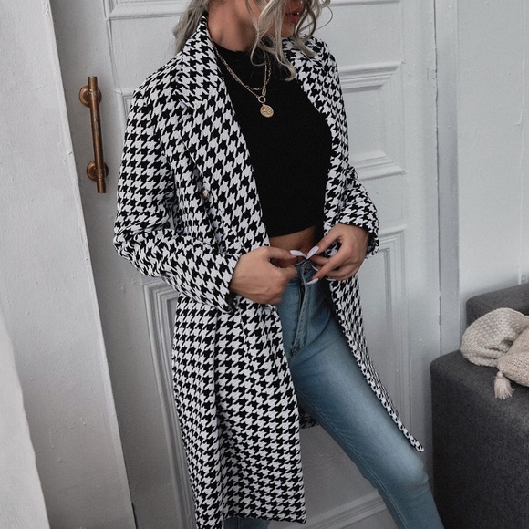 Classic houndstooth tweed double breast button Jacket Coat - Picture 2 of 4